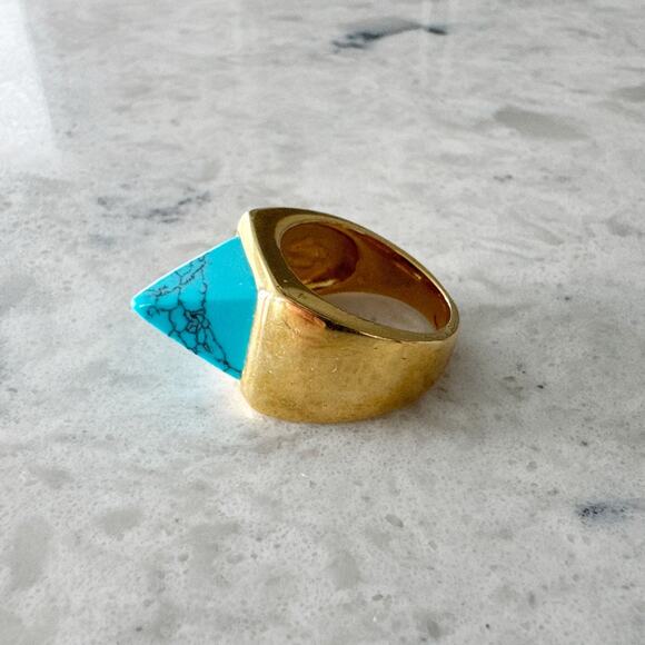 Eddie Borgo Pyramid Ring Size 7 Gold Tone Turquoise Howlite Statement Modern - Picture 5 of 6